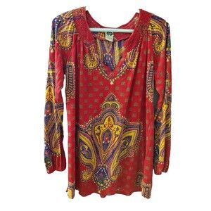 Lucky Brand V Neck Long Sleeve Shirt Women's M Red Boho Hippie Lightweight